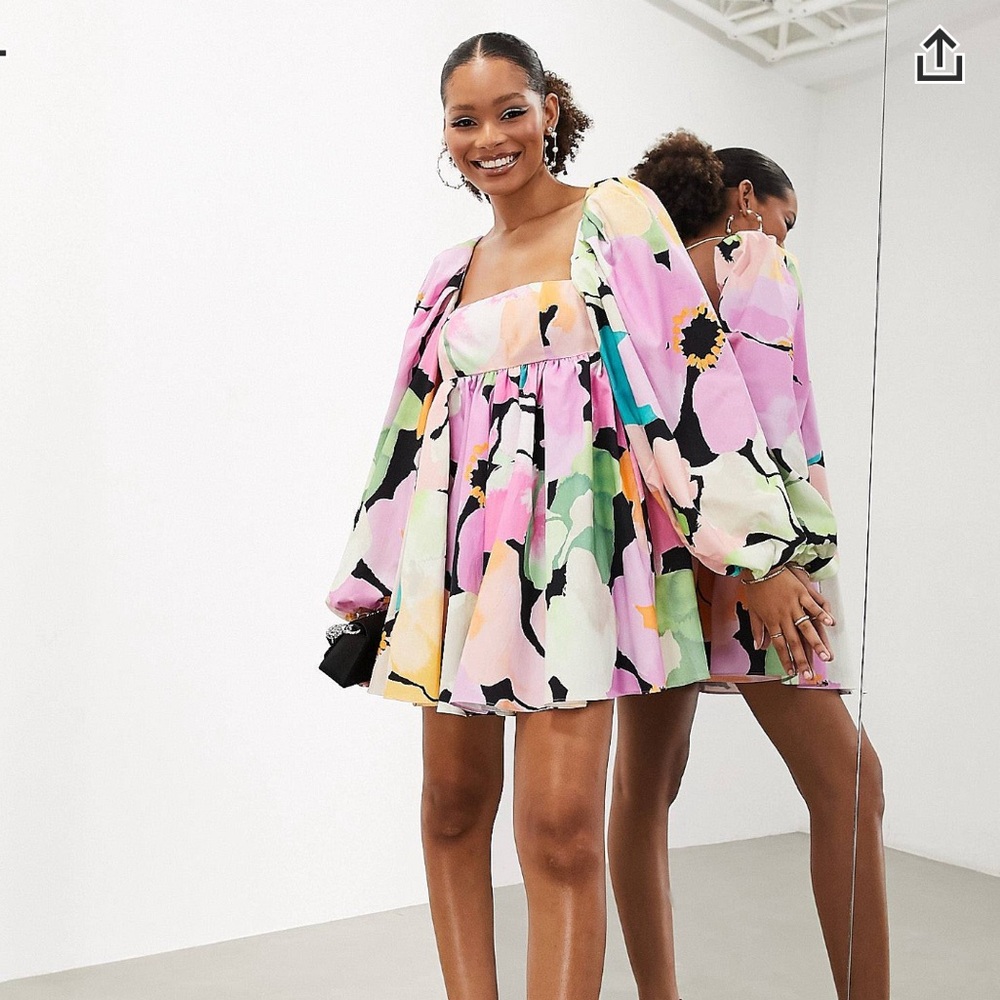 ASOS long sleeve babydoll mini dress in art house pink floral print